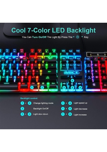 İmıce An-300 İngilizce Yüzeyden Kaydırılabilir Anahtar Kaplıklı Renkli Arka Işık Kablosuz Klavye Fare Seti Optik