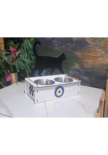 Ahşap Mama Kabı Kedileriniz Için El Yapımı Figürlü