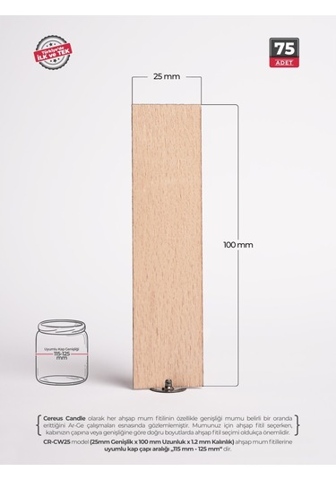 Ahşap Mum Fitili 25 Mm Genişlik Nikel Kaplama Çelik Taban, 3m Köpük Bantlı, 75 Li Set Ahşap