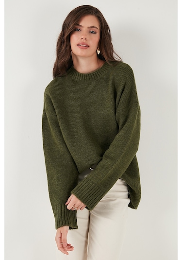 Lela Regular Fit Bisiklet Yaka Basic Triko Bayan Kazak 4616213 Haki