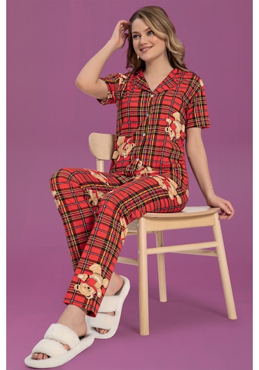 Kadın Düğmeli Desenli Pijama Takımı Kırmızı 1974 Waynap Kırmızı