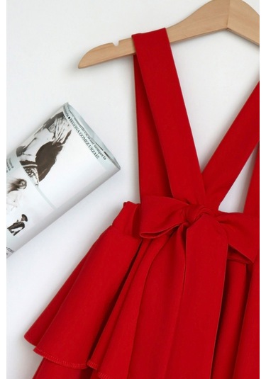 Kız Çocuk Helen Kırmızı Askılı Kat Kat Bağlama Jile Elbise