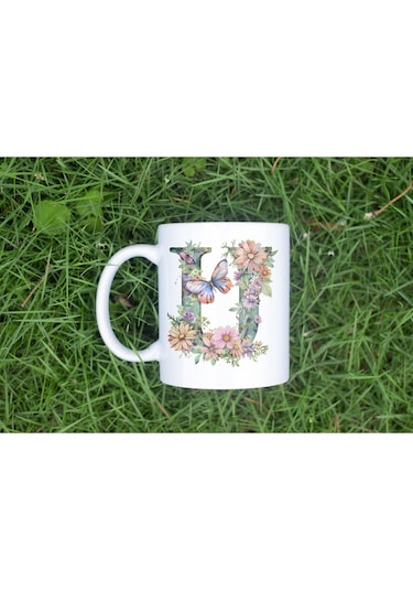 U Harfi Çiçekli Kupa Bardak - Soft Renk Çiçek Ve Kelebek Desenli Zarif Kahve Kupası - Bohem Beyaz