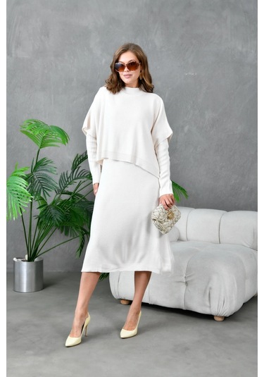 Kadın Dik Yaka Kısa Kol Kazak Uzun Elbise İkili Triko Takım Taş