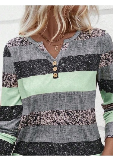 Tua Moda Kadın Uzun Kollu Yakadan Düğmeli Çizgili Desenli Süprem Bluz Yeşil