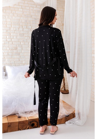 Sabahlıklı Dantel Detaylı Pegasus Kadın Pijama Takımı-çeyizlik Takım- Geniş Beden Aralığı Siyah