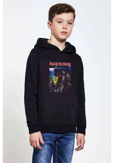 Iron Maıden Eddıe Somewhere Baskılı Unisex Çocuk Kapüşonlu Sweat Siyah
