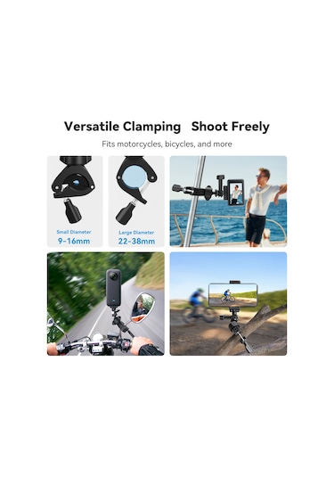 Geeroyoo Telesın Bisiklet Kamera Montajı: 360 Dönebilen, Gopro 12/11/10/9/8/7 Uyumlu, 1/4 İnç Adaptörlü, Kauçuk Yastıklı