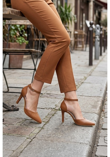 Erkan Saçmacı Sindy Taba Vegan Bantlı İnce Topuklu Stiletto Ayakkabı