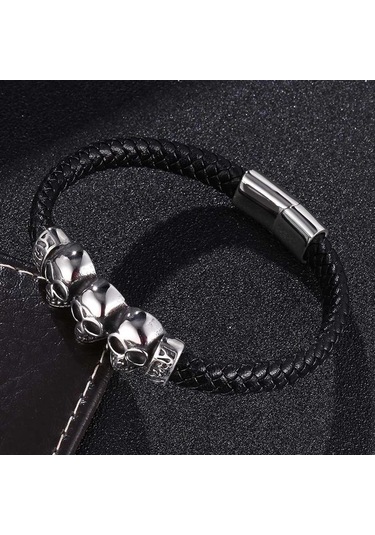 Paslanmaz Çelik Kurukafa Yakışıklı Takı Deri Bileklik Erkek Paslanmaz Çelik Takı Siyah Siyah