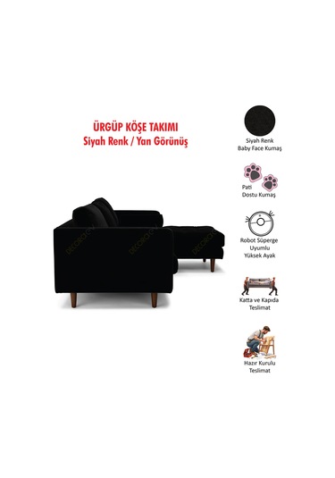Ürgüp Modern Köşe Koltuk Takımı - Siyah - Sağ Köşe - Baby Face Yumuşak Kumaş Siyah