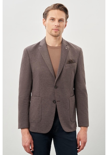 Koyu Kahverengi Kazayağı Desen Örme Mono Yaka 2 Düğme 6 Drop Slim Fit Classic Ceket 1002245166 400 Koyu Kahverengi