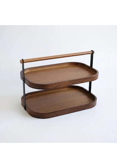 Qerhome 2 Katlı Akasya Stand / Sunumluk / Çok Amaçlı Organizer Doğal Ahşap İki Katlı Servis Ahşap