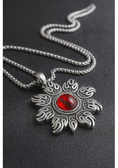 Kırmızı Cam Taşlı Paslanmaz Çelik Alev Desenli Güneş Kolye Kırmızı