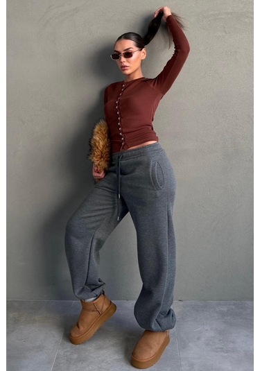 Antrasit Geniş Paça Rahat Kalıp Lastikli Eşofman Altı Mg2581 Antrasit