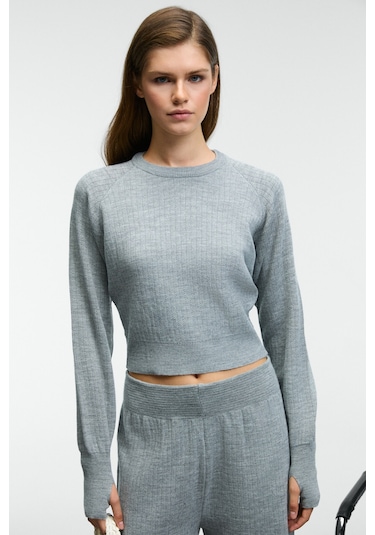 MARIPOSA Kadın Yuvarlak Yaka Çizgi Desenli Crop Geniş Paça Triko Grimelanj Alt-Üst Takım