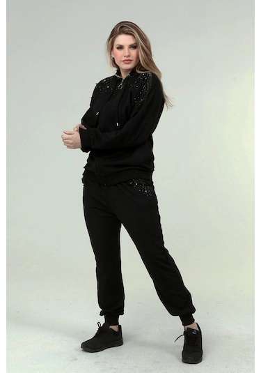 Taş Baskılı İncili Eşofman Takım Siyah