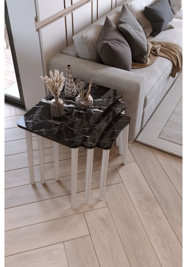 Zuesse Dizayn Beyza 3lü Zigon Sehpa & Yan Sehpa Beyaz Ahşap Ayaklı Salon Seti Çay Sehpası - Siyah Mermer