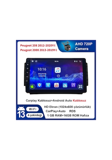 Peugeot 208 2012-2020yıl Carplay 9inç 1/16gb Multimedya