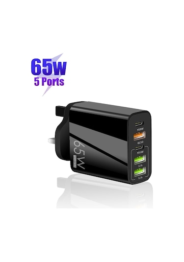 65w Çift Pd Tip-c + 3 X Usb Çok Portlu Şarj Cihazı 3a Tip-c Tip-c Veri Kablosu İle, İngiltere Fişi Siyah Siyah