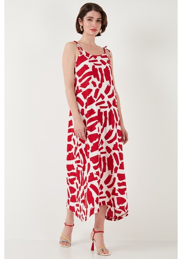 Lela Desenli Midi Boy Oversize Fit Bağlamalı Ip Askılı Bisiklet Yaka Bayan Elbise 5869009 Bordo