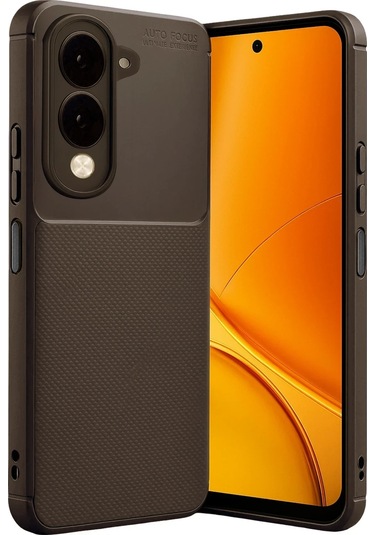 Vivo Y29s Uyumlu Kılıf Karbon Tasarım Kamera Korumalı Silikon Telefon Kılıfı Kapak Kahverengi