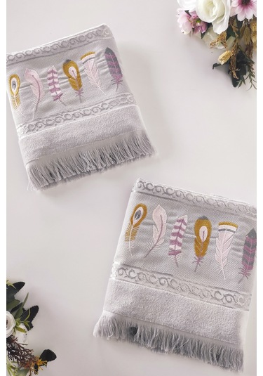 2'li Nakışlı Kadife El Havlusu -jakarlı Tüy İşlemeli Yüz Havlusu - %100 Pamuk Grı Gri