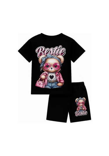 Bestie Siyah Ve Pembe Renk Kız Çocuk Takım - Ayıcık Baskılı Tişört & Şort 2'li Set Siyah