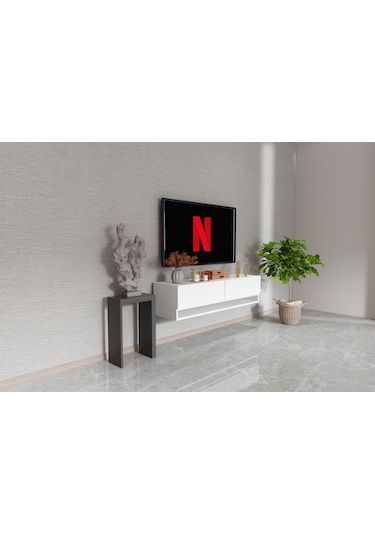 Beyaz Dekoratif Tv Ünitesi -tv Sehpası Duvara Monte