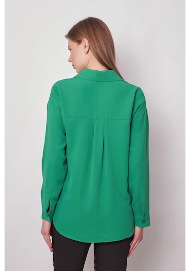 Kadın Yakalı Düşük Omuzlu Uzun Kol Likrasız Kumaş Gömlek-yeşil Yeşil