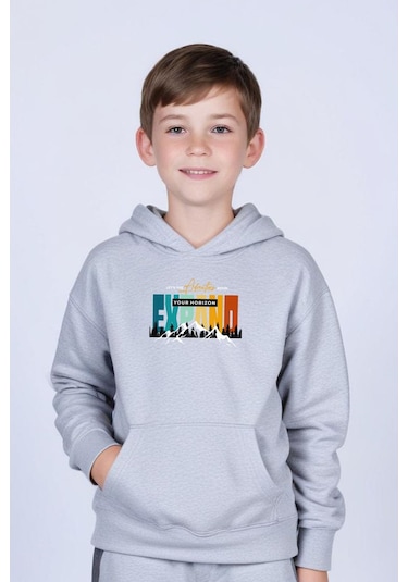 Kapüşonlu Kanguru Cepli Expand Baskı Detaylı Erkek Çocuk Sweatshirt Gri