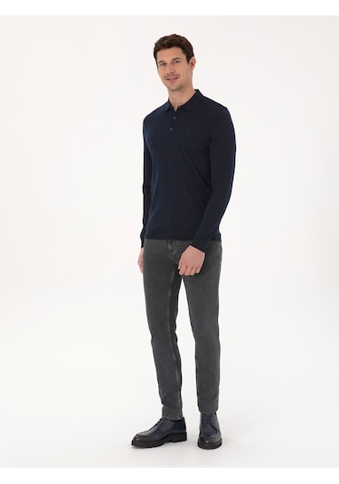 Cacharel Lacivert Slim Fit Yün Karışımlı Polo Yaka Basic Triko Kazak