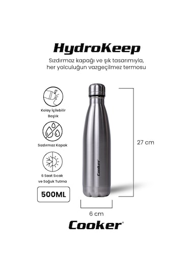 Cooker 500 Ml Paslanmaz Çelik Termos - Çift Kat Yalıtım, 6 Saat Sıcak 12 Saat Soğuk, Sızdırmaz Suluk Ckr2053 Gümüş Gri
