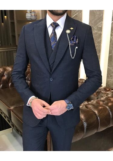 İtalyan stil slim fit erkek ceket yelek pantolon takım elbise lacivert T9118-Lacivert