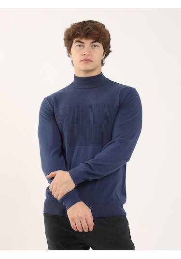 Dufy İndigo Erkek Regular Fit Dik Yaka Triko - 90634 İndigo
