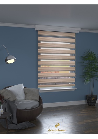 Br Demor Home Geniş Pliseli Latte Rengi Zebra Stor Güneşlik Perde Metal Kasa Latte Rengi