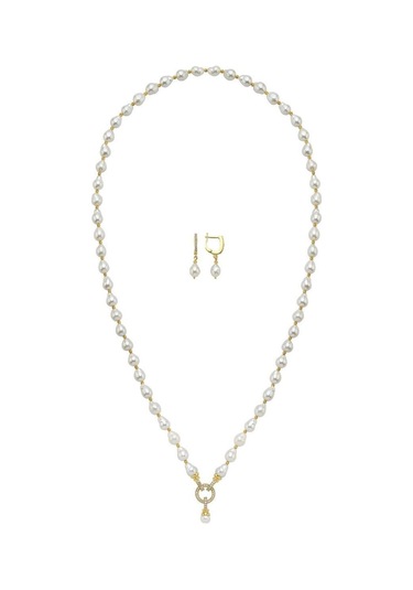 Zirkon Taşlı Halka Kilitli Doğal Damla İnci Küpe Kolye İkili Set Sarı Gümüş