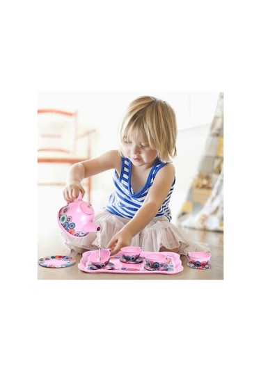 15 Parça Tepsili Çantalı Metal Evcilik Mutfak Eğitici Çocuk Oyuncak Çay Seti