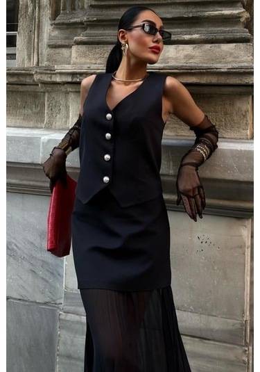 Yelek Ve Pilise Etekli Premium Takım 10096 Si Yah