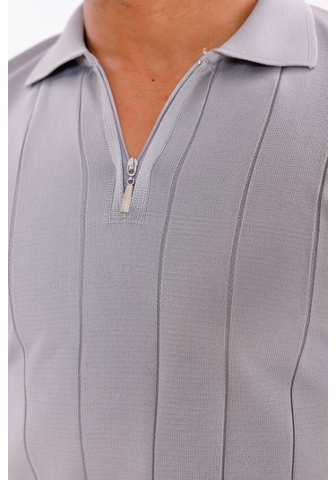 Monox Erkek Yarım Fermuarlı Polo Yaka Triko Kazak Gri