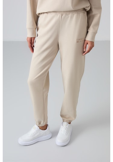 Tommy Life Bej Basic Pamuklu O Yaka Oversize Lastik Paça Kadın Eşofman Takım - 95287 Bej