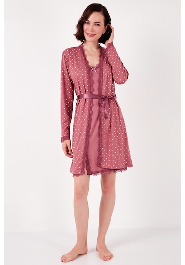 Lela Dantel Detaylı Yırtmaçlı Sabahlıklı Bayan Gecelik 6097580 Gül Kurusu