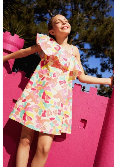 DeFacto Kız Çocuk Desenli Tek Omuzlu Poplin Yazlık Elbise C3710A825HSPN666