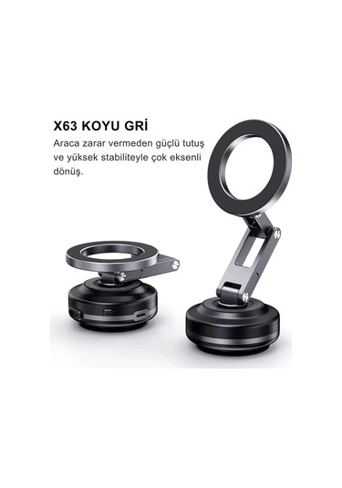 Shopytech X63 Alüminyum Alaşımlı Manyetik Araç Telefon Tutucu 360 Çok Eksenli Vakum Tabanlı Type-c 1 Adet