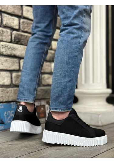 Pabucmarketi Bağcıklı Triko Erkek Ayakkabı Siyah Beyaz Taban Çok Renkli