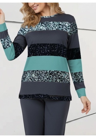 Evyora Kadın Uzun Kollu Bisiklet Yaka Çizgili Desen Iki Iplik Bluz Ve Pantolon Ikili Takım Yeşil