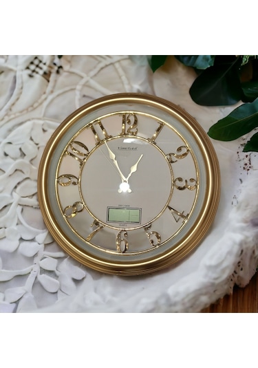 Termometreli Isı Ölçer Dijital Gold Salon Ofis Duvar Saati 47 cm Altın