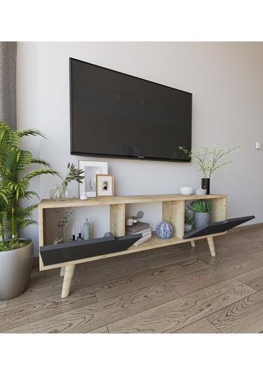 Siena Ahşap Ayaklı Tv Ünitesi Safir Meşe-antrasit Televizyon Konsolu 140 Cm Ekonomik Modül Sehpa