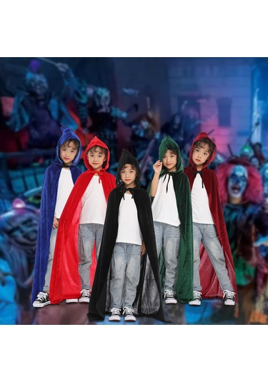 Hangfox Çocuklar İçin L 110cm Bordo Yumuşak Kadife Şapkalı Palto - Halloween Kostümü, Cosplay Partisi, Rol Oynama Aleti Unisex