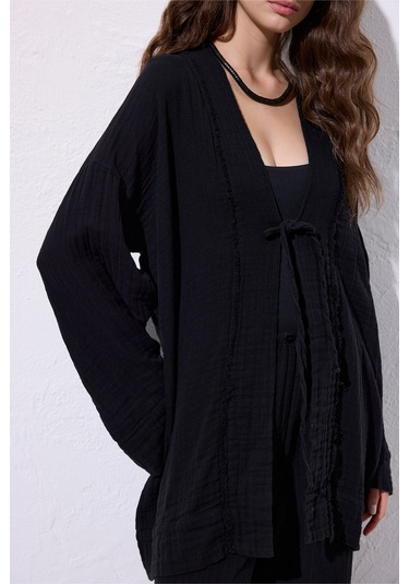 Müslin Geniş Kollu Kimono Siyah Siyah